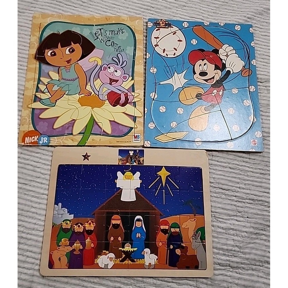Lot Of 3 Wood Puzzles, VTG Dora The Explorer, 1990s Mickey Mouse, Nativity Scene